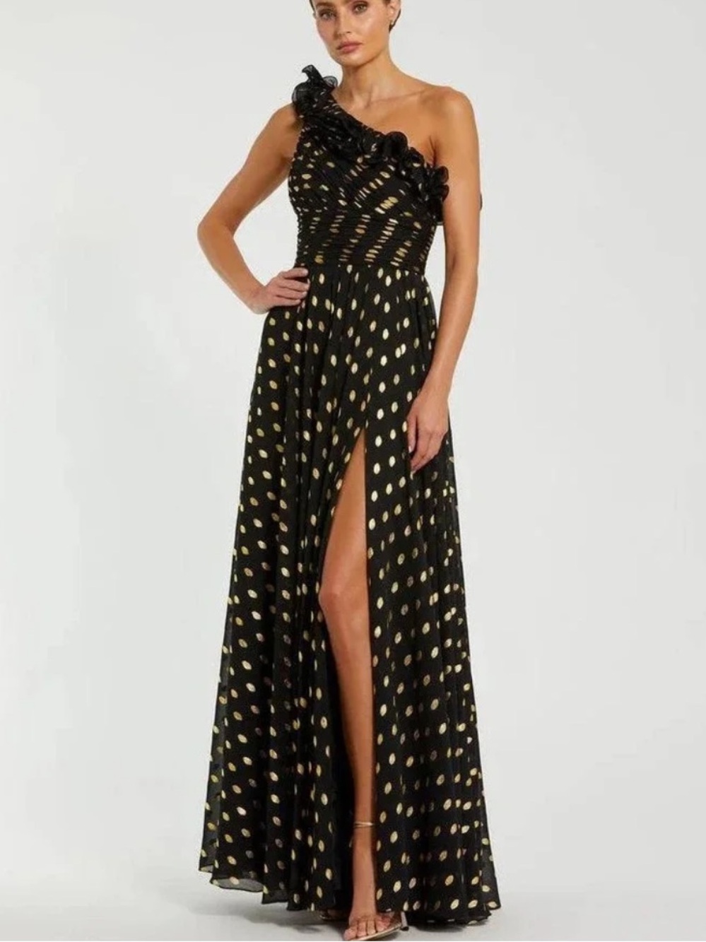 One-Shoulder Black Dress with Gold Polka Dots and High Slit